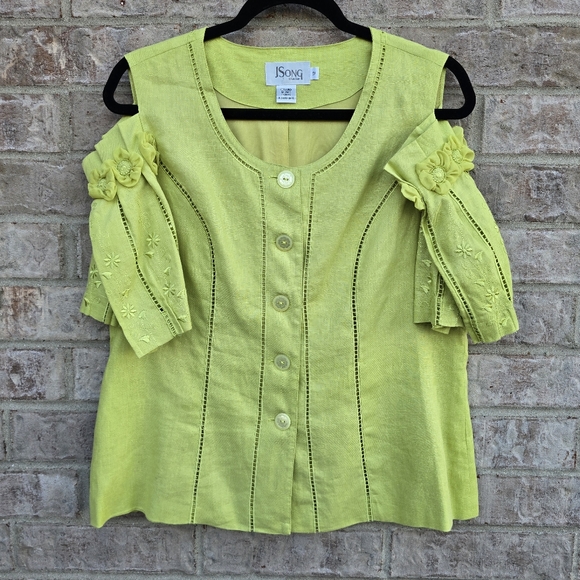 JSong Collection Linen Citron Womens Shirt Embroidered Floral Cold Shoulder S 12 - Picture 1 of 13